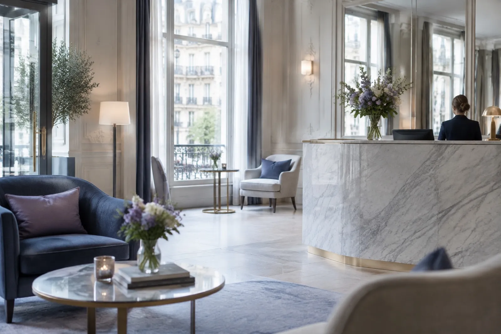 Hall d’hôtel lumineux avec fauteuils, comptoir de réception en marbre et grandes fenêtres